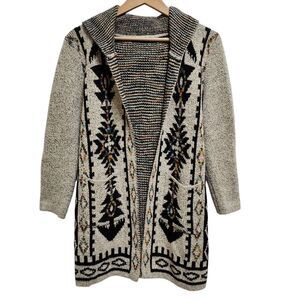 On Blue Hooded Cardigan Sweater Women S Tan Black Aztec Tribal Bohemian Western
